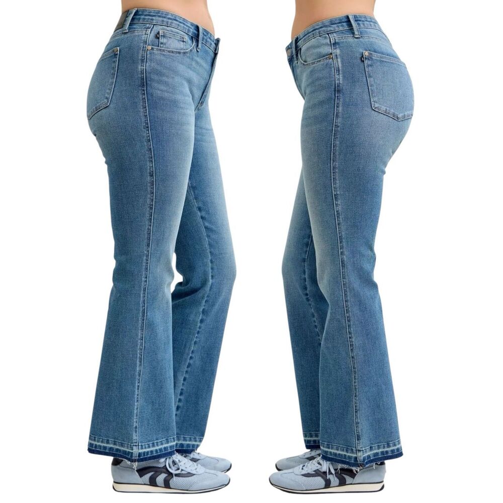 Judy Blue Mid Rise Bootcut Jeans Tummy Control Stretch Denim Raw Hem NWT - Picture 3 of 13